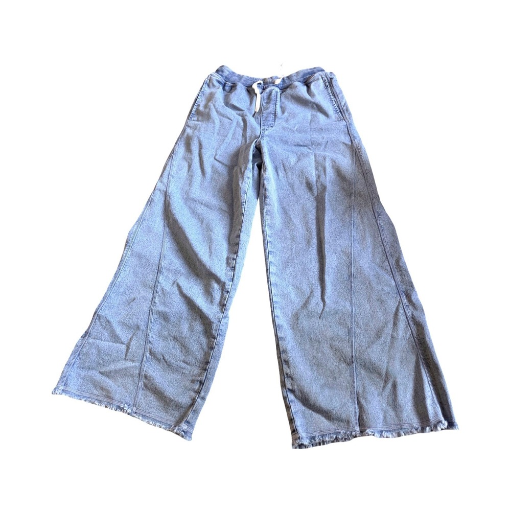 Aerie Women Blue Light Wash Wide Leg Drawstring Raw Hem Lounge Pants Size M